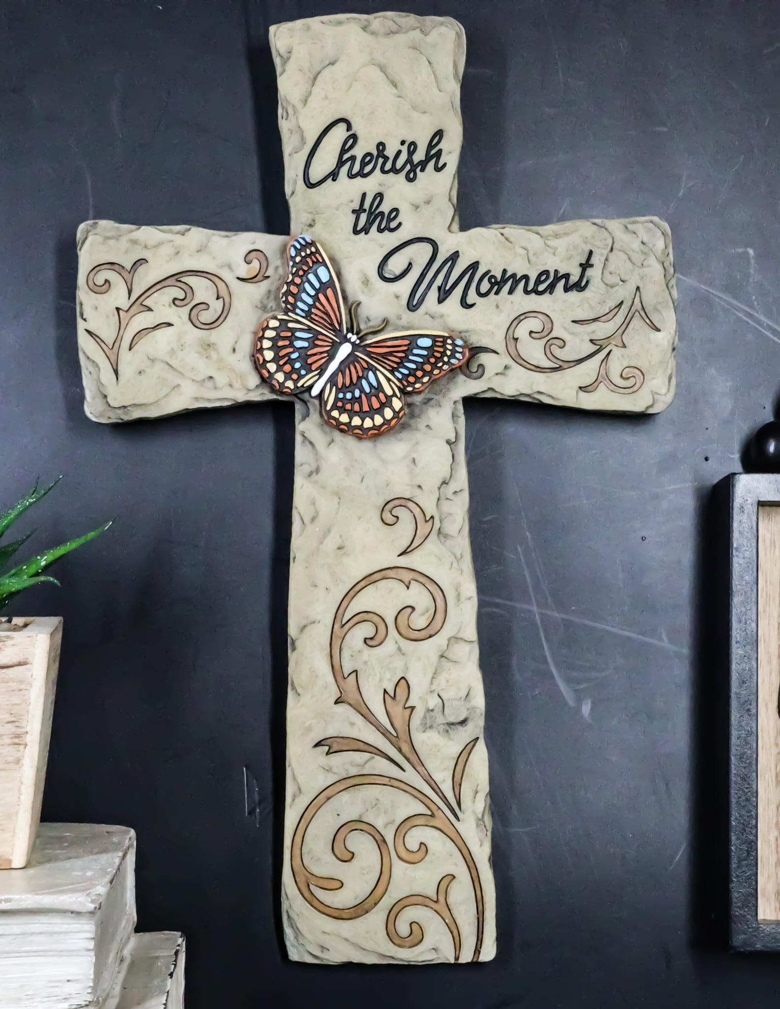 Rustic Western Butterfly Cherish The Moment Scroll Art Faux Stone Wall ...