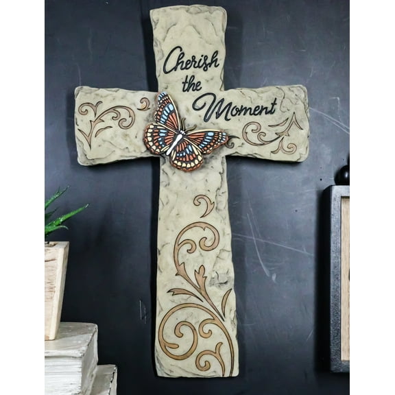 Rustic Western Butterfly Cherish The Moment Scroll Art Faux Stone Wall Cross