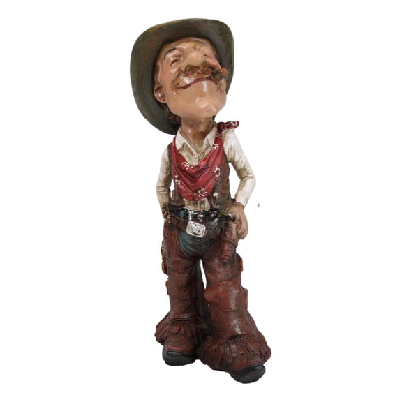 Rustic Western Cartoon Cowboy With Hat Gun Rope Saddle Smoking Cigar Figurine