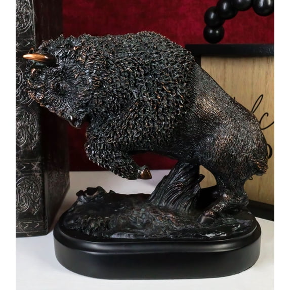 Rustic Western Charging American Buffalo Bison Bronze Electroplated Resin Statue