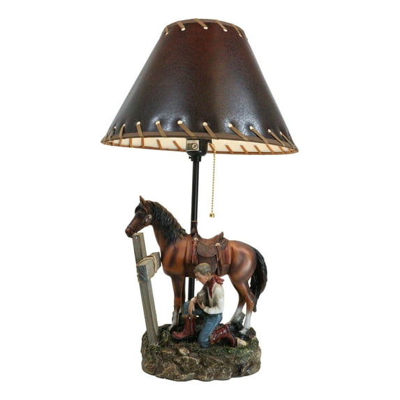 Rustic Western Chestnut Horse Cowboy On Knee Praying By Cross Desktop Table Lamp