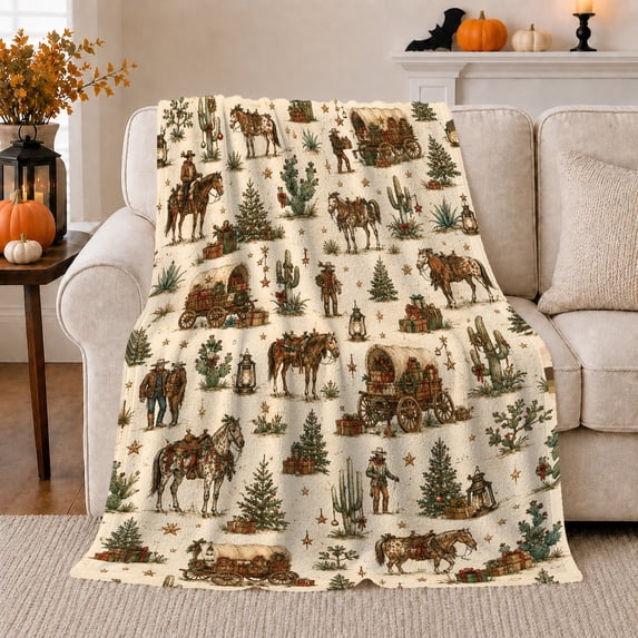 Rustic Western Christmas Frontier Holiday Cowboy, Festive Holiday Scene, Warm Flannel Blanket for Ranch House and Living Room, Horse Lovers Christmas Gift, Rustic Home Decor