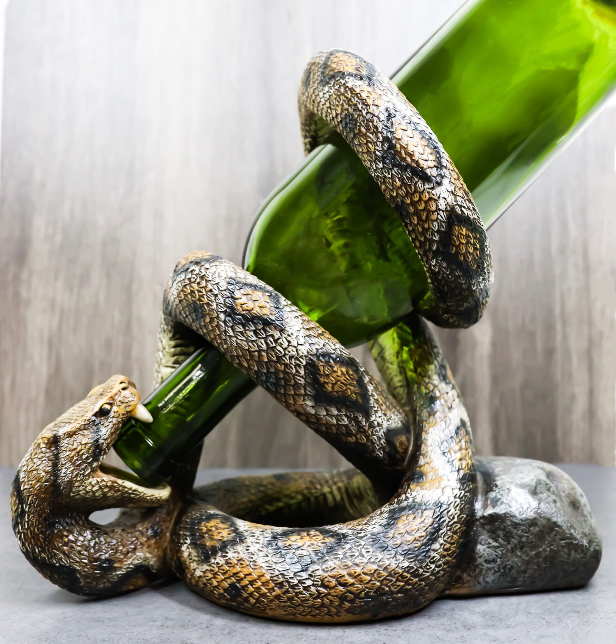 Rustic Western Coiled Diamondback Rattlesnake Snake Wine Bottle Holder