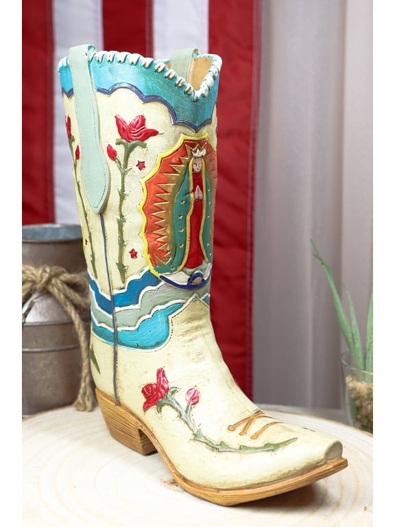 Rustic Western Colorful Our Lady Madonna Guadalupe Cowboy Boot Vase Figurine