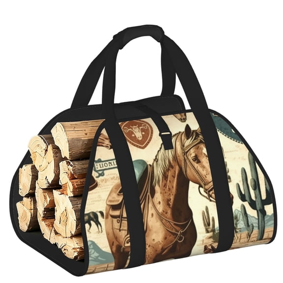 Rustic Western Country Cowboy Horse Vintage Heavy Duty Firewood Log Carrier Bag, Fireplace Wood Tote with Comfort Handles for Camping Home