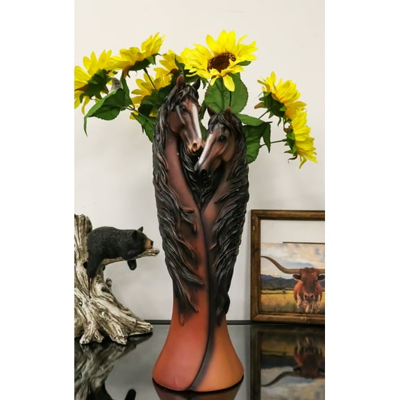 Rustic Western Country Heart Double Chestnut Horses Decorative Floral Vase