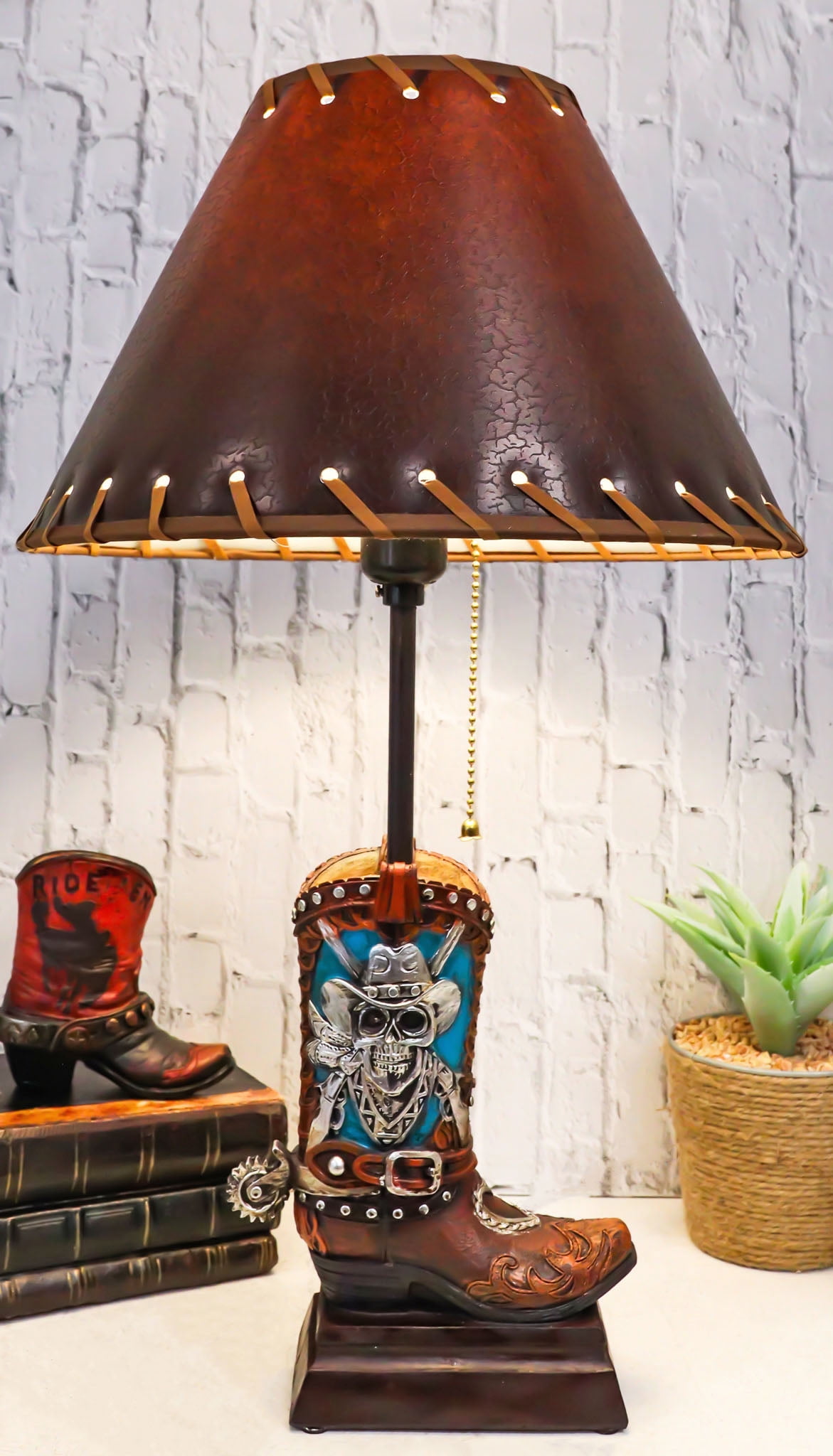 Rustic Western Cowboy Boot Table Lamp with Skull and Pistols