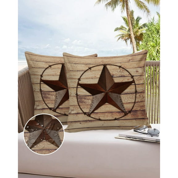 Rustic Western Country Star Vintage Wooden Plank Outdoor Pillow Covers Waterproof Throw Pillow Cover 20x20in Set of 2,Square Decorative Pillowcases Cushion Case for Patio Sofa Couch,Wood Grain