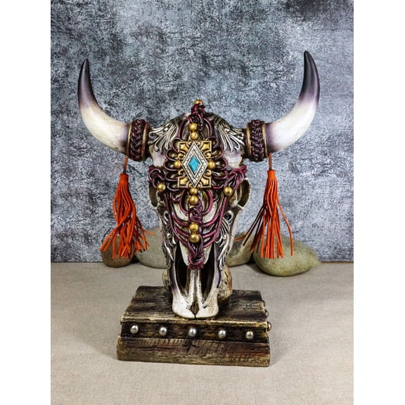 Rustic Western Cow Skull Turquoise Diamond Scrollwork Tassels Trophy Figurine