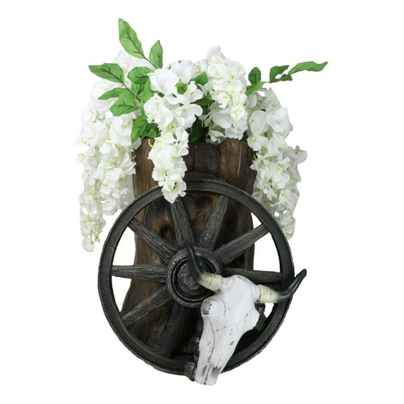 Rustic Western Cow Skull Wagon Wheel By Tree Trunk Decorative Planter Or Vase