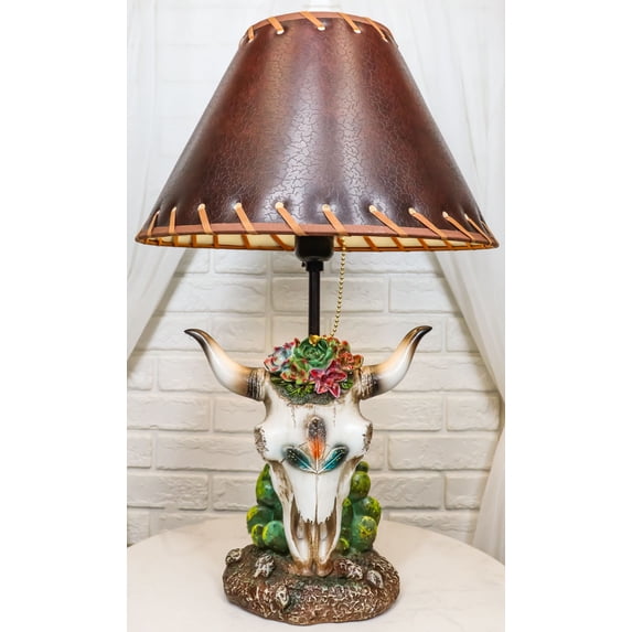 Rustic Western Cow Skull With Floral Succulents Feathers And Cactus Table Lamp