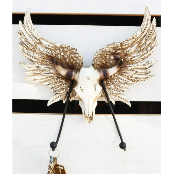 Rustic Western Cow Skull With Horns And Angel Wings Wall Double Hooks Sculpture