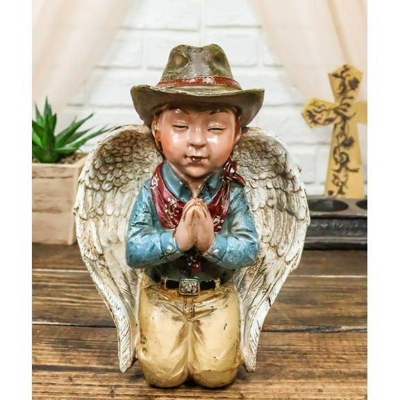 Rustic Western Cowboy Angel Wearing Hat And Red Scarf Praying Figurine
