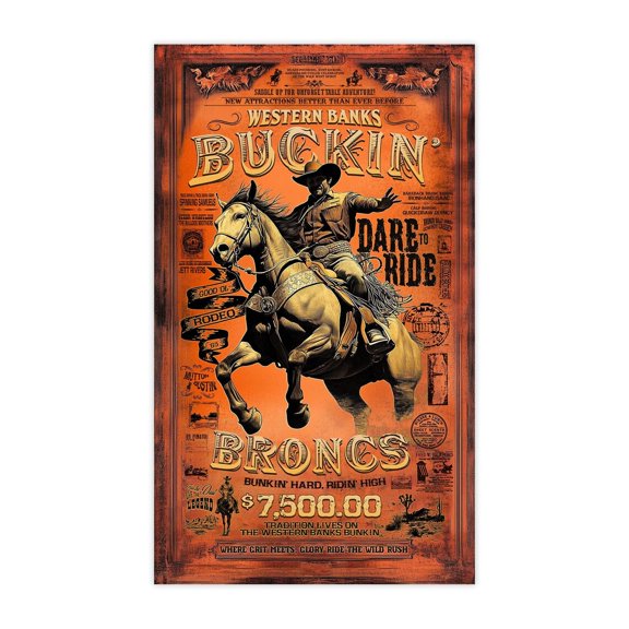 Rustic Western Cowboy Art Print Buckin Broncs Rodeo Action Sports Poster, Unframed Paper Poster 11x14in