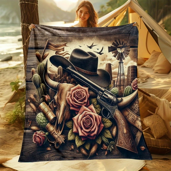 [Rustic Western Cowboy Bison Blanket] Rustic Western Cowboy Style Bison Skull Rose Print Reversible Fleece Throw Blanket - Soft Flannel, Polyester