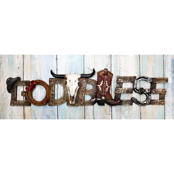 Rustic Western Cowboy Boot Hat Cow Skull Ropes God Bless Sign Wall Plaque Decor