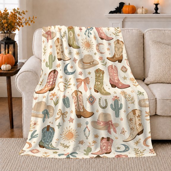 Rustic Western Cowboy Boot Hat, Mystical Celestial Art Scene, Warm Flannel Blanket for Home Library and Reading Nook, Celestial Art Lovers Housewarming Gift, Celestial Home Decor