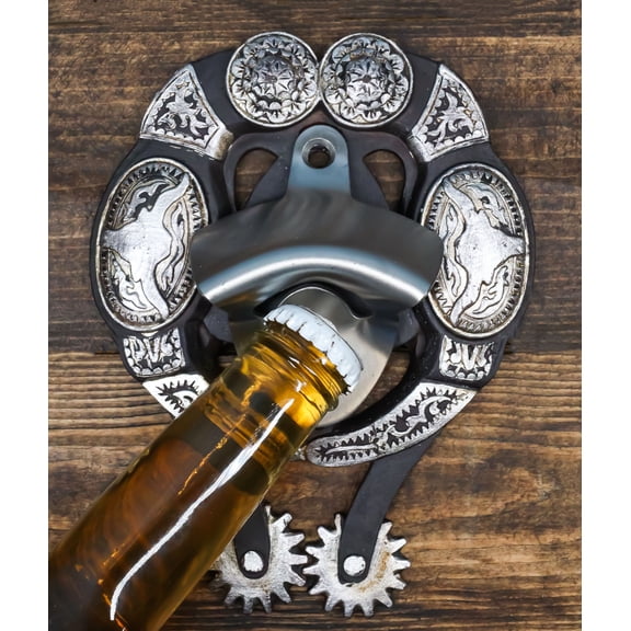 Rustic Western Cowboy Boot Spur With Silver Longhorn Conchos Wall Bottle Opener