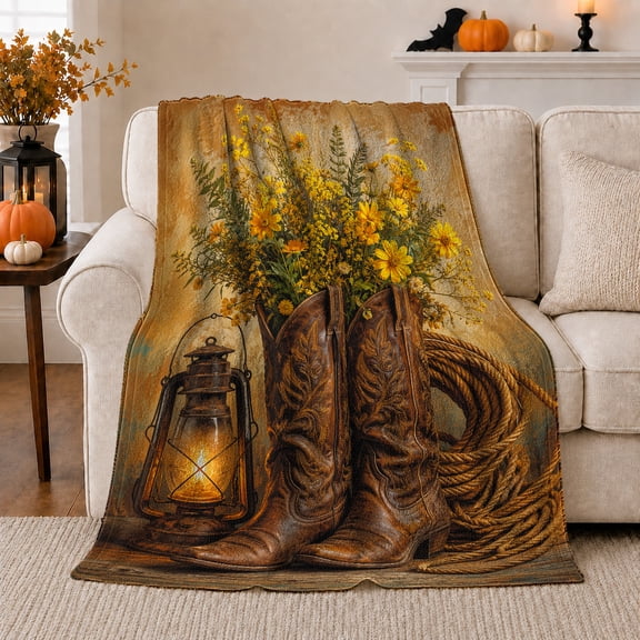 Rustic Western Cowboy Boots Wildflowers Lantern Scene Nostalgic, Rustic Botanical Portrait, Warm Flannel Blanket for Cabin and Lodge, Garden Lovers Housewarming Gift, Rustic Home Decor