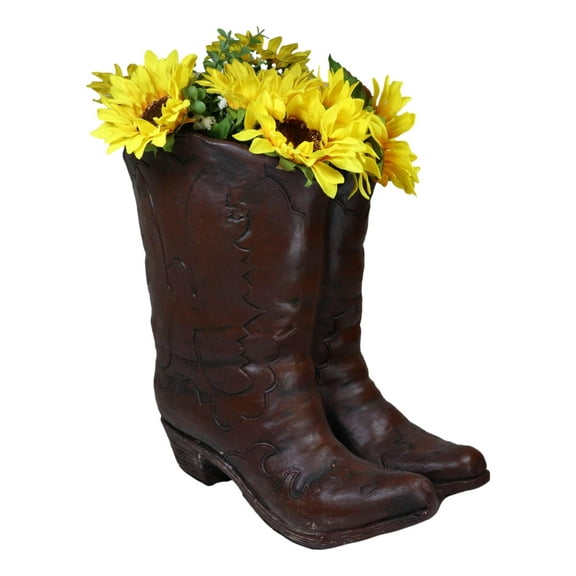 Rustic Western Cowboy Double Boots Floral Plants Vase Planter Figurine 13"H