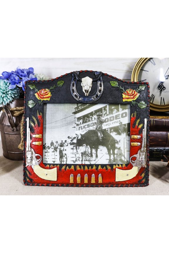 Rustic Western Cowboy Dual Revolvers Horseshoe Cow Skull Photo Frame 5"X7"
