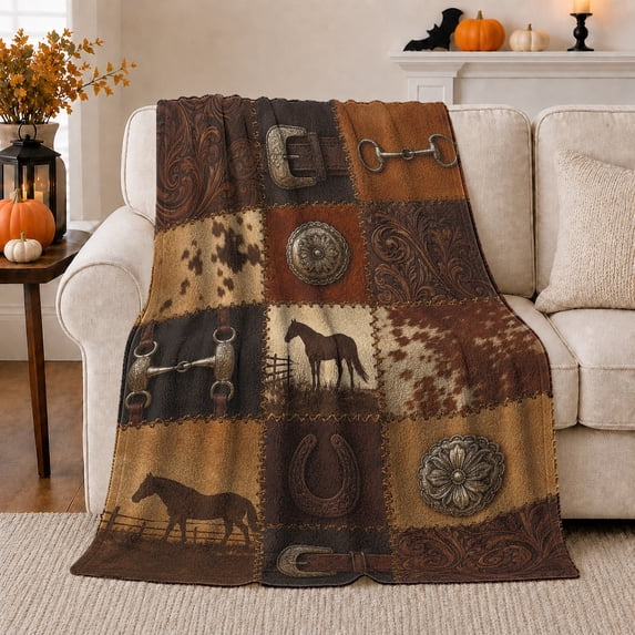 Rustic Western Cowboy Equestrian Patchwork, Rustic Farmhouse Horse Scene, Warm Flannel Blanket for Ranch House and Living Room, Horse Lovers Housewarming Gift, Rustic Home Decor