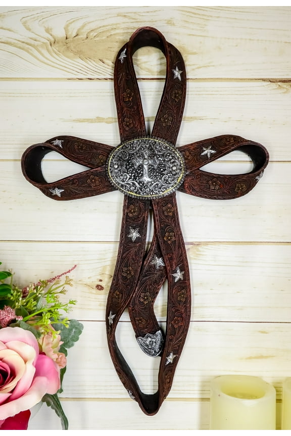 Rustic Western Cowboy Faux Tooled Leather Ribbon Belt Buckle Concho Wall Cross