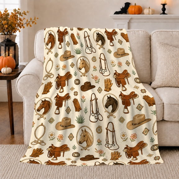 Rustic Western Cowboy Gear Repeating Pattern, Rustic Farmhouse Horse Scene, Warm Flannel Blanket for Ranch House and Living Room, Horse Lovers Thanksgiving Gift, Rustic Home Decor