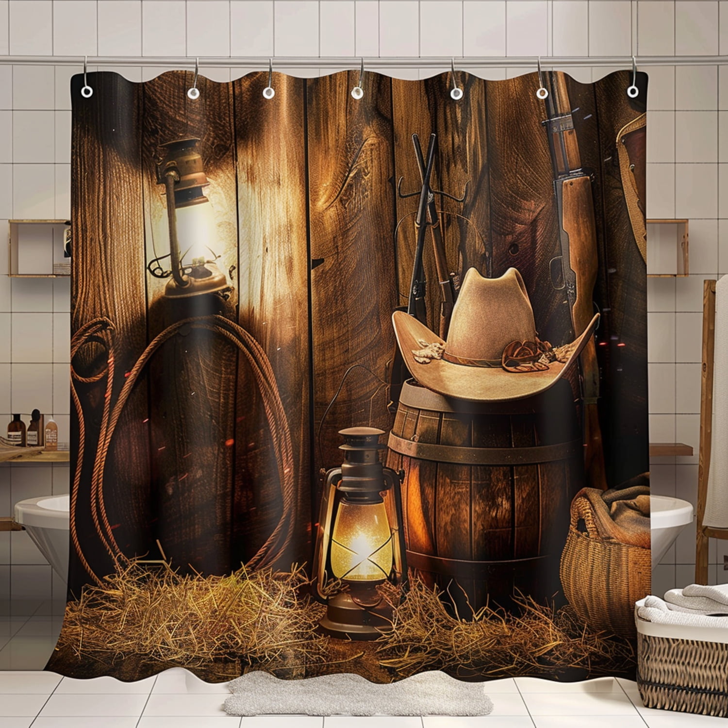Rustic Western Cowboy Hat and Gun Shower Curtain Set with Barn Scene