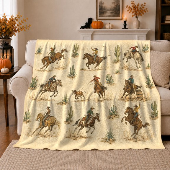 Rustic Western Cowboy and Horse Art, Farmhouse Scene, Warm Flannel Blanket for Ranch House and Living Room, Horse Lovers Housewarming Gift, Rustic Home Decor