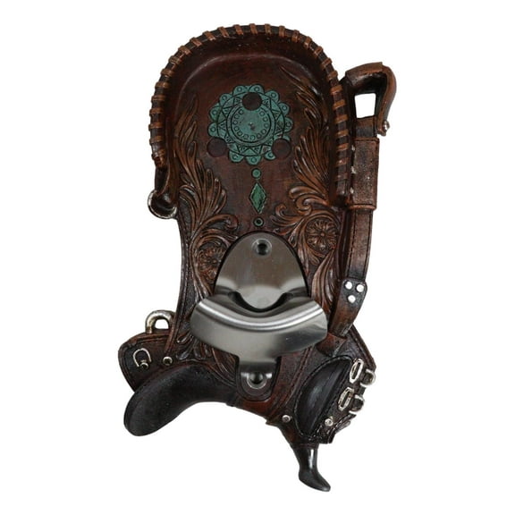 Rustic Western Cowboy Horse Saddle Tooled Floral Faux Leather Wall Bottle Opener