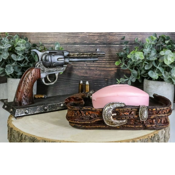 Rustic Western Cowboy Revolver Guns Belt Buckle Soap Dish And Toothbrush Holder