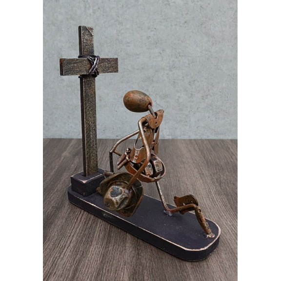 Rustic Western Cowboy With Hat Kneeling By The Cross Hand Made Metal Sculpture