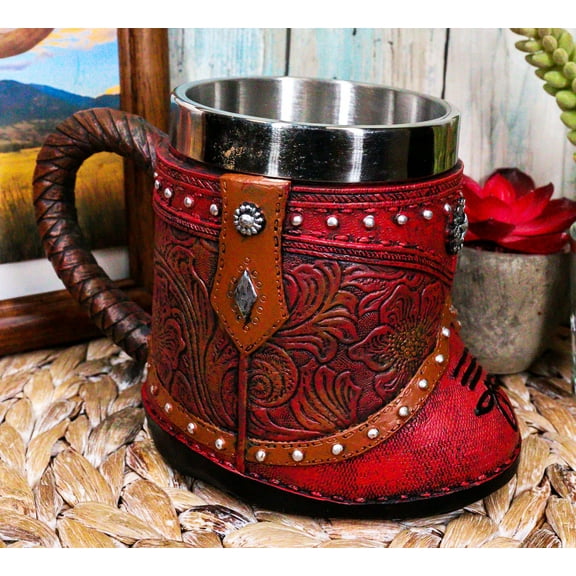 Rustic Western Cowgirl Boot W/ Lone Star Floral Faux Tooled Leather Coffee Mug
