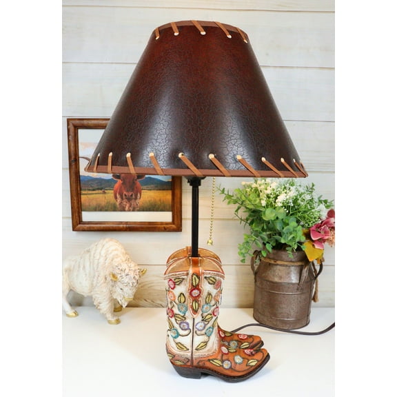 Rustic Western Cowgirl Boots With Colorful Floral Vines Embroidery Table Lamp