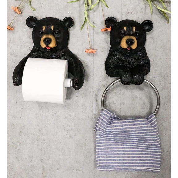 Rustic Western Cozy Cabin  Forest Black Bear Toilet Paper and Hand Towel Holder Set of 2 Whimsical Bears Figurines Bathroom Vanity Power Room Decor Accessories
