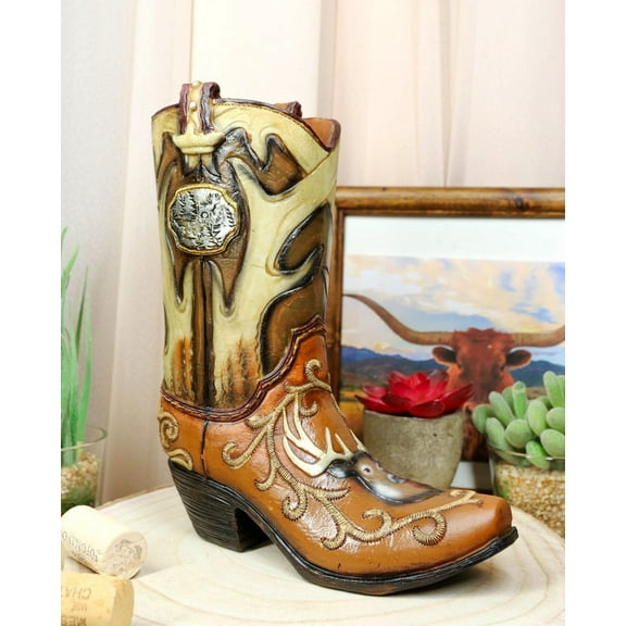 Rustic Western Deer Antlers And Stag Bust Cowboy Floral Art Boot Vase Sculpture