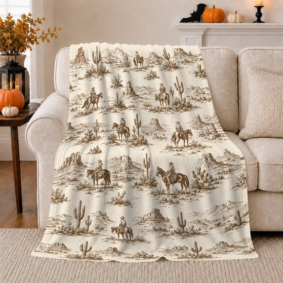 Rustic Western Desert Sketch Cowboys Horses Artistic, Rustic Farmhouse Horse Scene, Warm Flannel Blanket for Ranch House and Living Room, Horse Lovers Housewarming Gift, Rustic Home Decor