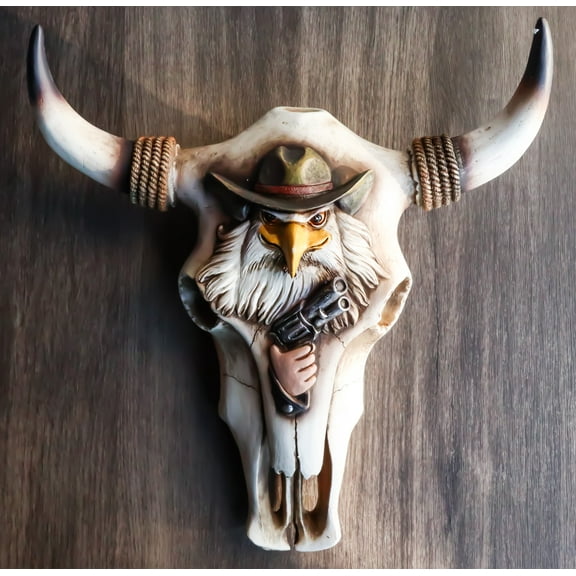 Rustic Western Eagle Cowboy With Gun Horned Ropes Cow Skull Wall Decor Plaque