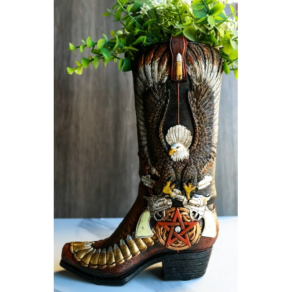 Rustic Western Eagle With Crossed Guns Star Bullets Boot Vase Planter Figurine