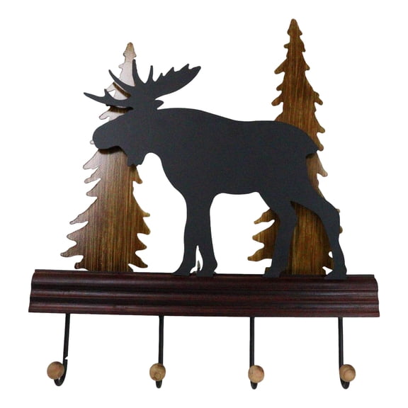 Rustic Western Elk Moose Deer Roaming Pine Forest 4-Peg Wooden Wall Hooks Plaque