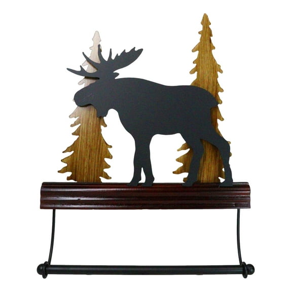 Rustic Western Elk Moose Deer by Pine Forest Wooden Wall Hand Towel Holder Bar