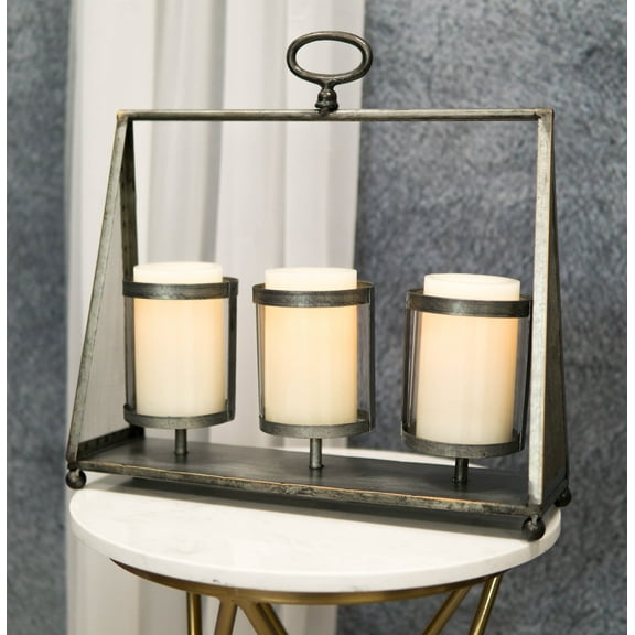 Rustic Western Farmhouse Galvanized Metal Triple Pillar Candleholder Trapezium