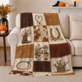 thumbnail image 1 of Rustic Western Farmhouse Patchwork Cowboy Boot Horseshoe, Rustic Farmhouse Horse Scene, Warm Flannel Blanket for Ranch House and Living Room, Horse Lovers Housewarming Gift, Rustic Home Decor, 1 of 6