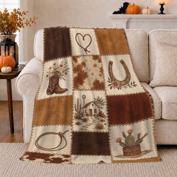 Rustic Western Farmhouse Patchwork Cowboy Boot Horseshoe, Rustic Farmhouse Horse Scene, Warm Flannel Blanket for Ranch House and Living Room, Horse Lovers Housewarming Gift, Rustic Home Decor