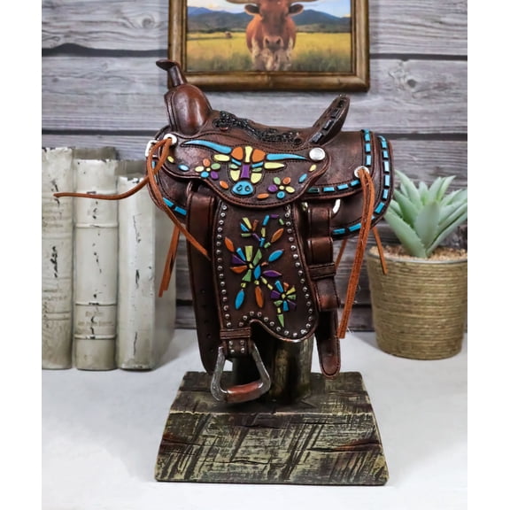 Rustic Western Faux Leather Cowboy Horse Saddle Longhorn Cow Pattern Figurine