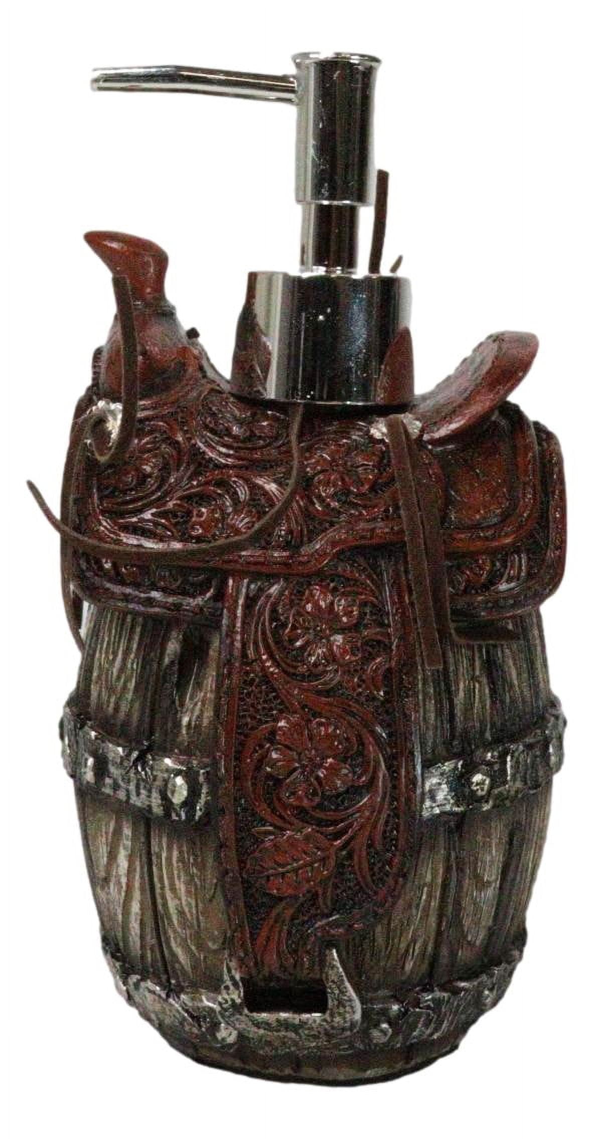 Rustic Western Faux Leather Cowboy Horse Saddle On Barrel Soap Pump Dispenser