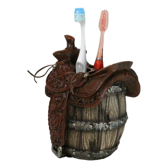 Rustic Western Faux Leather Cowboy Horse Saddle On Barrel Toothbrush Holder