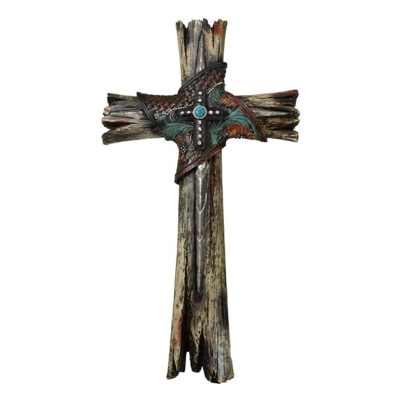 Rustic Western Faux Wood Floral Tooled Leather With Turquoise Rock Wall Cross