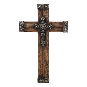 Rustic Western Faux Wood Grain With Layered Silver Scroll Crystals Wall Cross